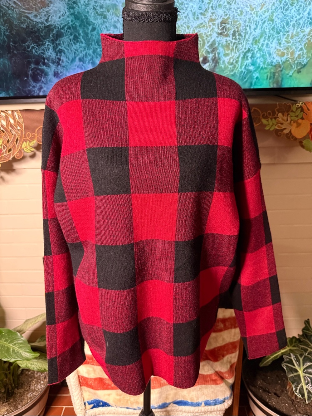 Tahari Red & Black Buffalo Plaid Turtleneck Sweater
